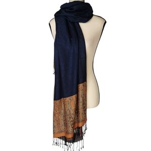 100% Pashmina Navy & Wine Paisley Fringe Scarf Wrap